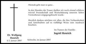 Traueranzeige von Wolfgang Henrich von Tageszeitung