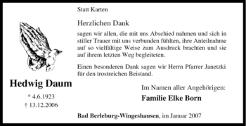 Traueranzeige von Hedwig Daum von Tageszeitung