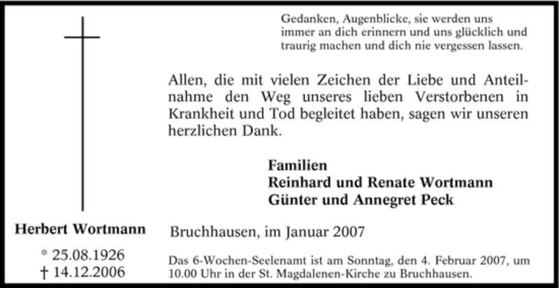  Traueranzeige für Herbert Wortmann vom 30.01.2007 aus Tageszeitung