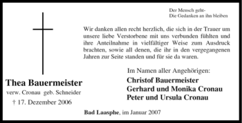 Traueranzeige von Thea Bauermeister von Tageszeitung