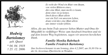 Traueranzeige von Hedwig Bartolomey von Tageszeitung