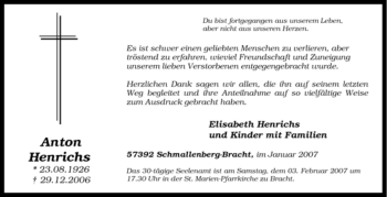 Traueranzeige von Anton Henrichs von Tageszeitung