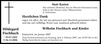 Traueranzeige von Hildegard Fischbach von Tageszeitung