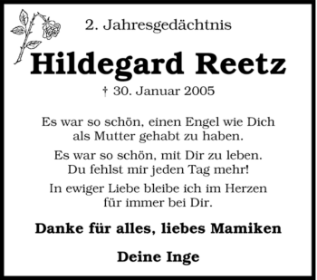 Traueranzeige von Hildegard Reetz von Tageszeitung