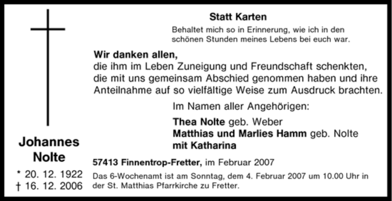  Traueranzeige für Johannes Nolte vom 31.01.2007 aus Tageszeitung