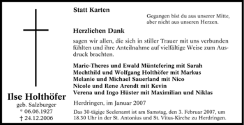 Traueranzeige von Ilse Holthöfer von Tageszeitung