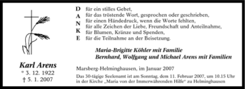Traueranzeige von Karl Arens von Tageszeitung
