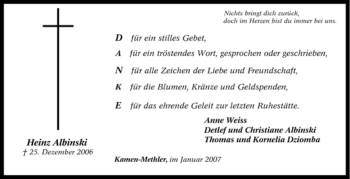 Traueranzeige von Heinz Albinski von Tageszeitung