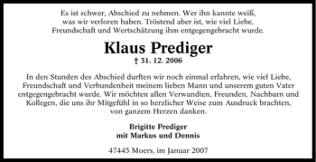 Traueranzeige von Klaus Prediger von Tageszeitung