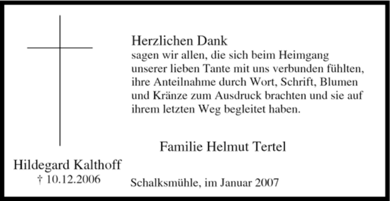  Traueranzeige für Hildegard Kalthoff vom 31.01.2007 aus Tageszeitung