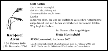 Traueranzeige von Karl-Josef Arens von Tageszeitung