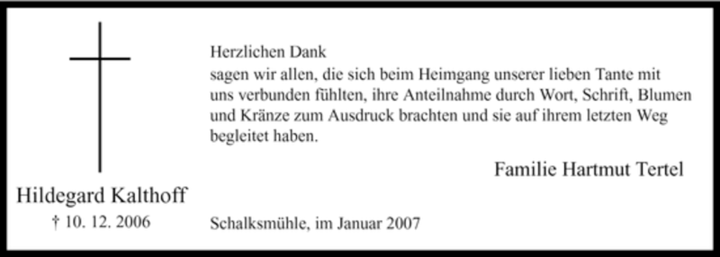  Traueranzeige für Hildegard Kalthoff vom 31.01.2007 aus Tageszeitung