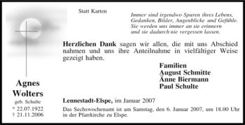 Traueranzeige von Agnes Wolters von Tageszeitung