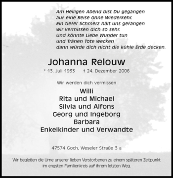 Traueranzeige von Johanna Relouw von Tageszeitung