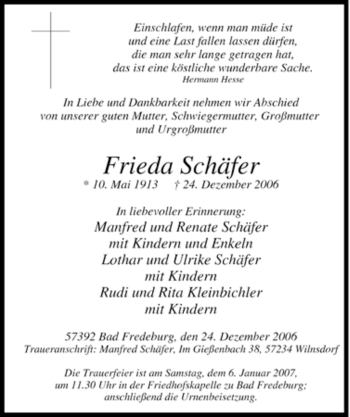Traueranzeige von Frieda Schäfer von Tageszeitung