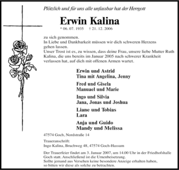 Traueranzeige von Erwin Kalina von Tageszeitung