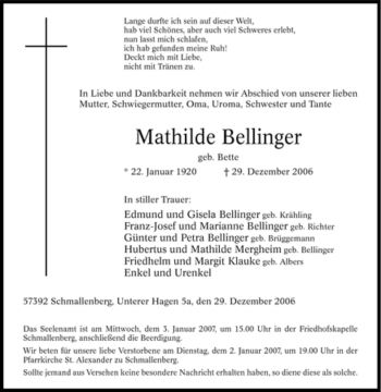 Traueranzeige von Mathilde Bellinger von Tageszeitung