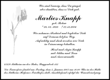 Traueranzeige von Marlies Knapp von Tageszeitung