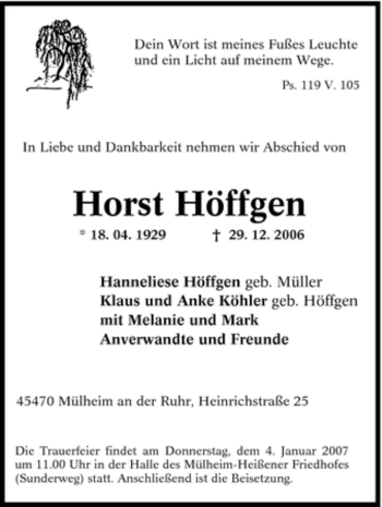 Traueranzeige von Horst Höffgen von Tageszeitung