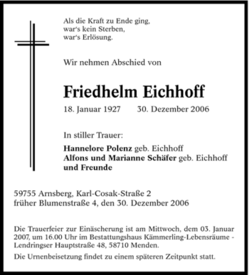 Traueranzeige von Friedhelm Eichhoff von Tageszeitung