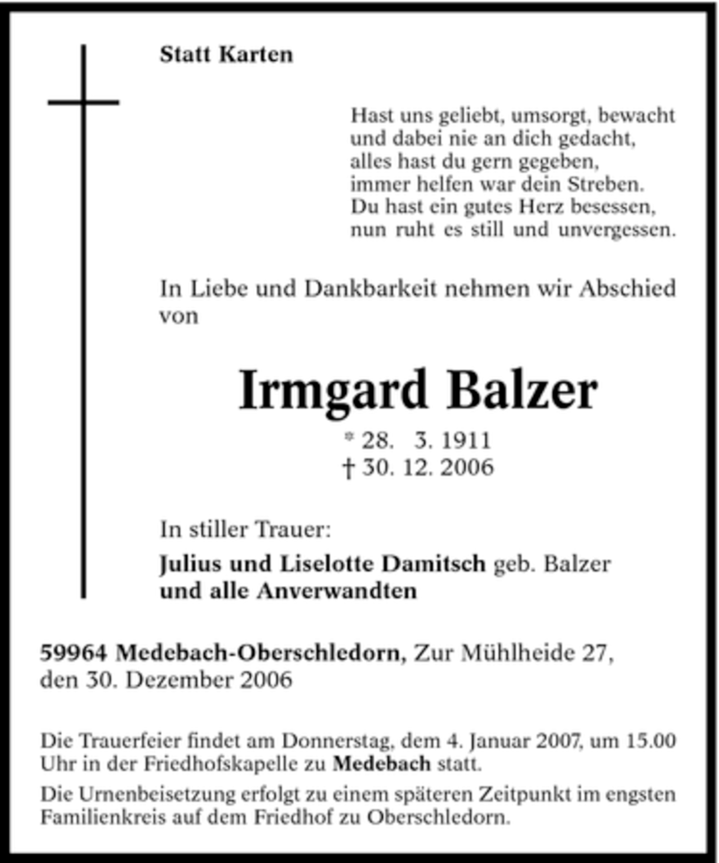  Traueranzeige für Irmgard Balzer vom 02.01.2007 aus Tageszeitung
