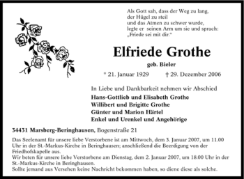 Traueranzeige von Elfriede Grothe von Tageszeitung