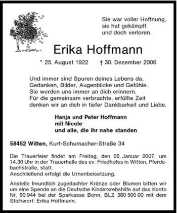 Traueranzeige von Erika Hoffmann von Tageszeitung