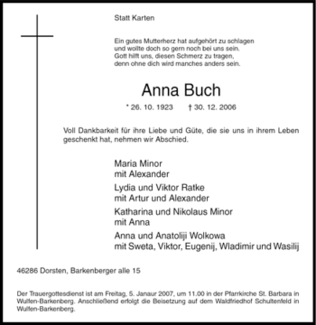 Traueranzeige von Anna Buch von Tageszeitung