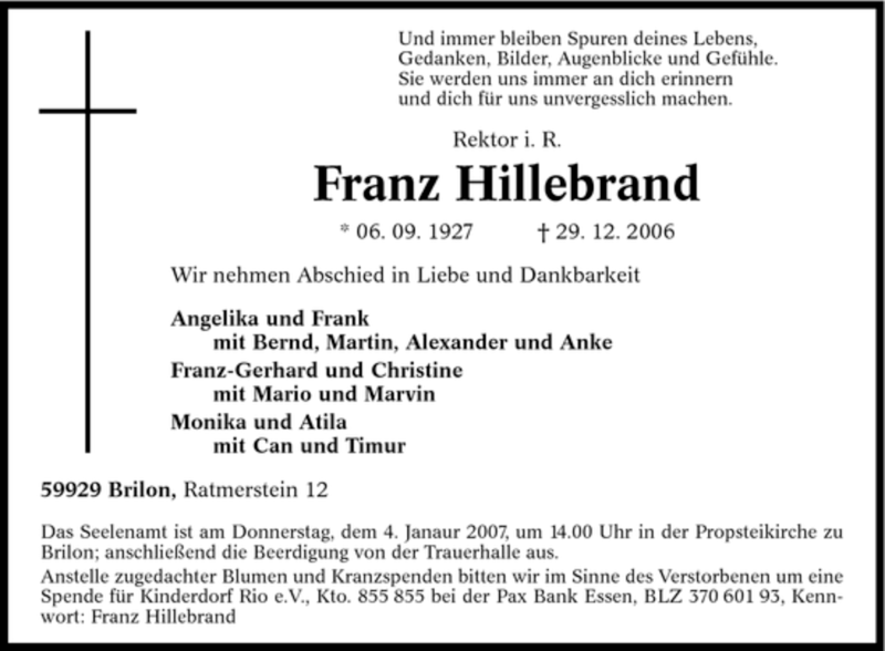  Traueranzeige für Franz Hillebrand vom 02.01.2007 aus Tageszeitung