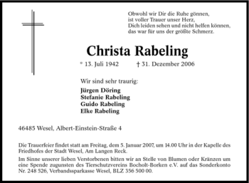 Traueranzeige von Christa Rabeling von Tageszeitung