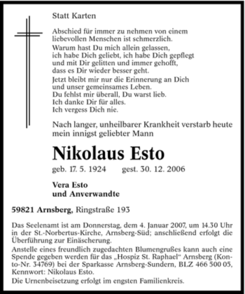 Traueranzeige von Nikolaus Esto von Tageszeitung