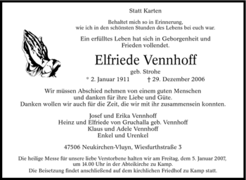 Traueranzeige von Elfriede Vennhoff von Tageszeitung