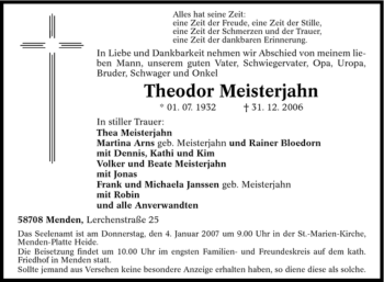 Traueranzeige von Theodor Meisterjahn von Tageszeitung