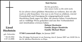 Traueranzeige von Liesel Hochstein von Tageszeitung