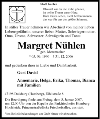Traueranzeige von Margret Nühlen von Tageszeitung