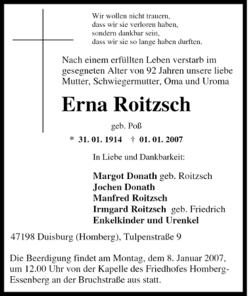 Traueranzeige von Erna Roitzsch von Tageszeitung