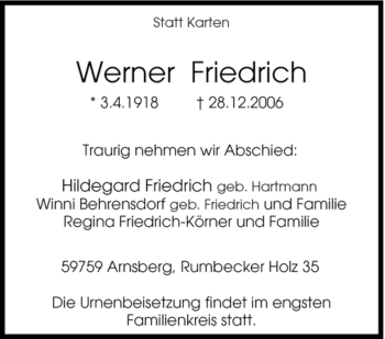 Traueranzeige von Werner Friedrich von Tageszeitung