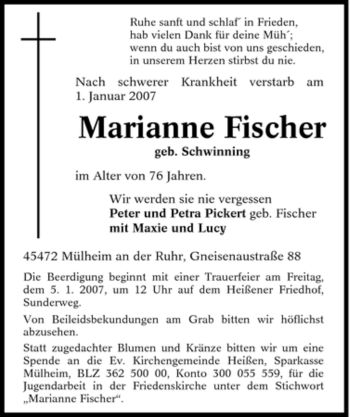 Traueranzeige von Marianne Fischer von Tageszeitung