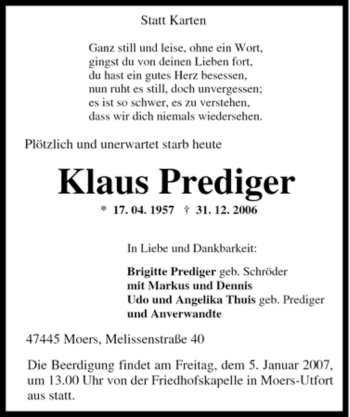 Traueranzeige von Klaus Prediger von Tageszeitung