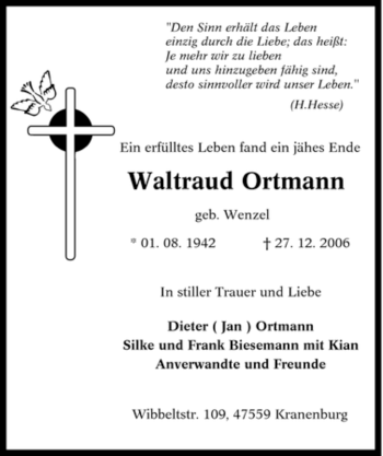 Traueranzeige von Waltraud Ortmann von Tageszeitung