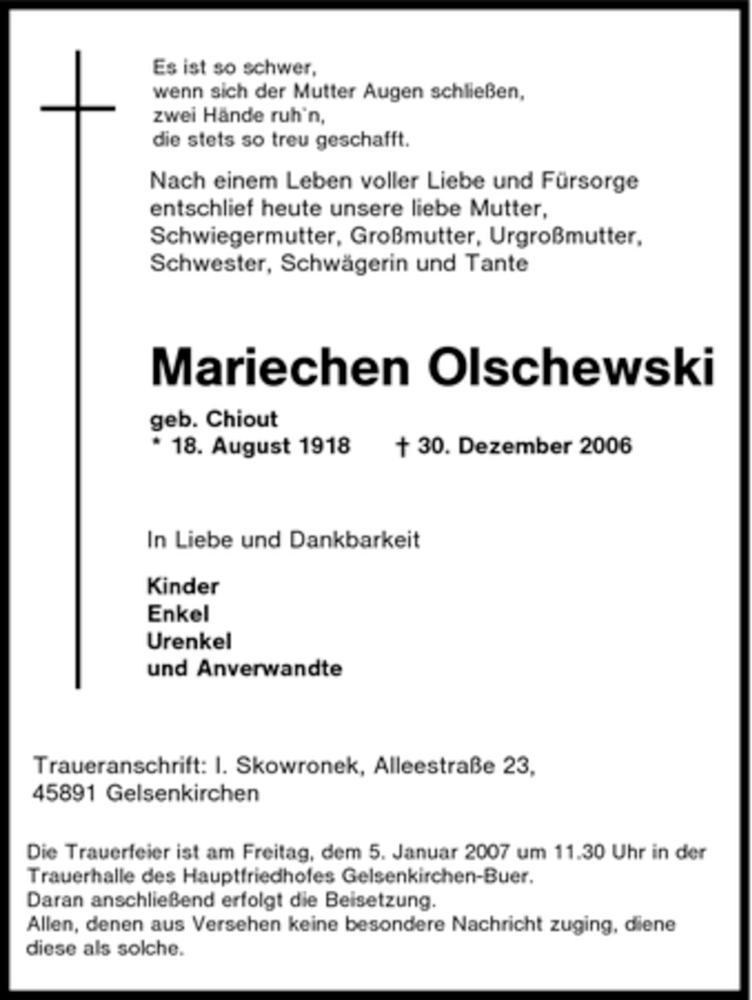 Traueranzeigen von Mariechen Olschewski TrauerinNRW.de