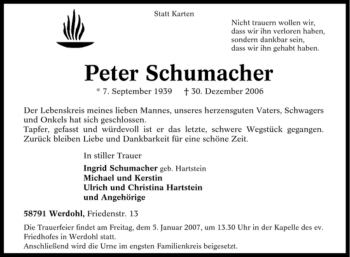 Traueranzeige von Peter Schumacher von Tageszeitung