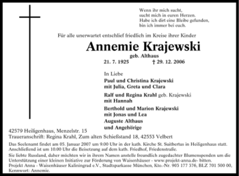 Traueranzeige von Annemie Krajewski von Tageszeitung