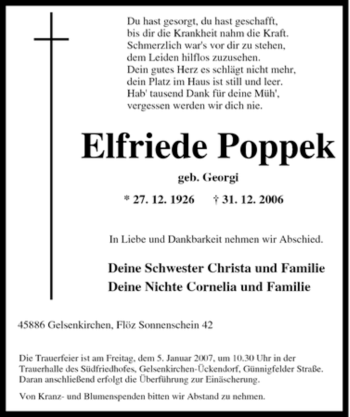 Traueranzeige von Elfriede Poppek von Tageszeitung