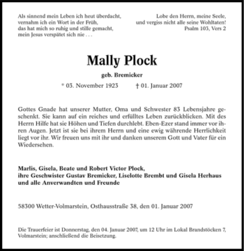 Traueranzeige von Mally Plock von Tageszeitung
