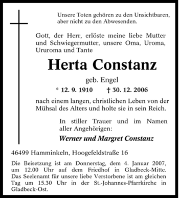 Traueranzeige von Herta Constanz von Tageszeitung