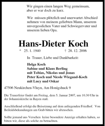 Traueranzeige von Hans-Dieter Koch von Tageszeitung