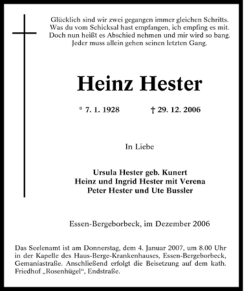 Traueranzeige von Heinz Hester von Tageszeitung