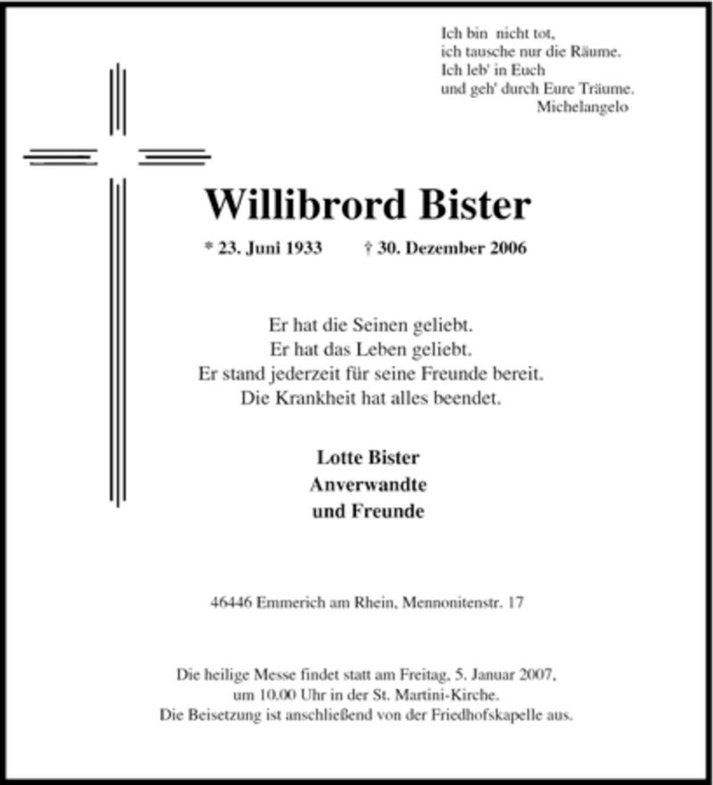  Traueranzeige für Willibrord Bister vom 03.01.2007 aus Tageszeitung