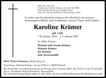 Traueranzeige von Karoline Krämer von Tageszeitung